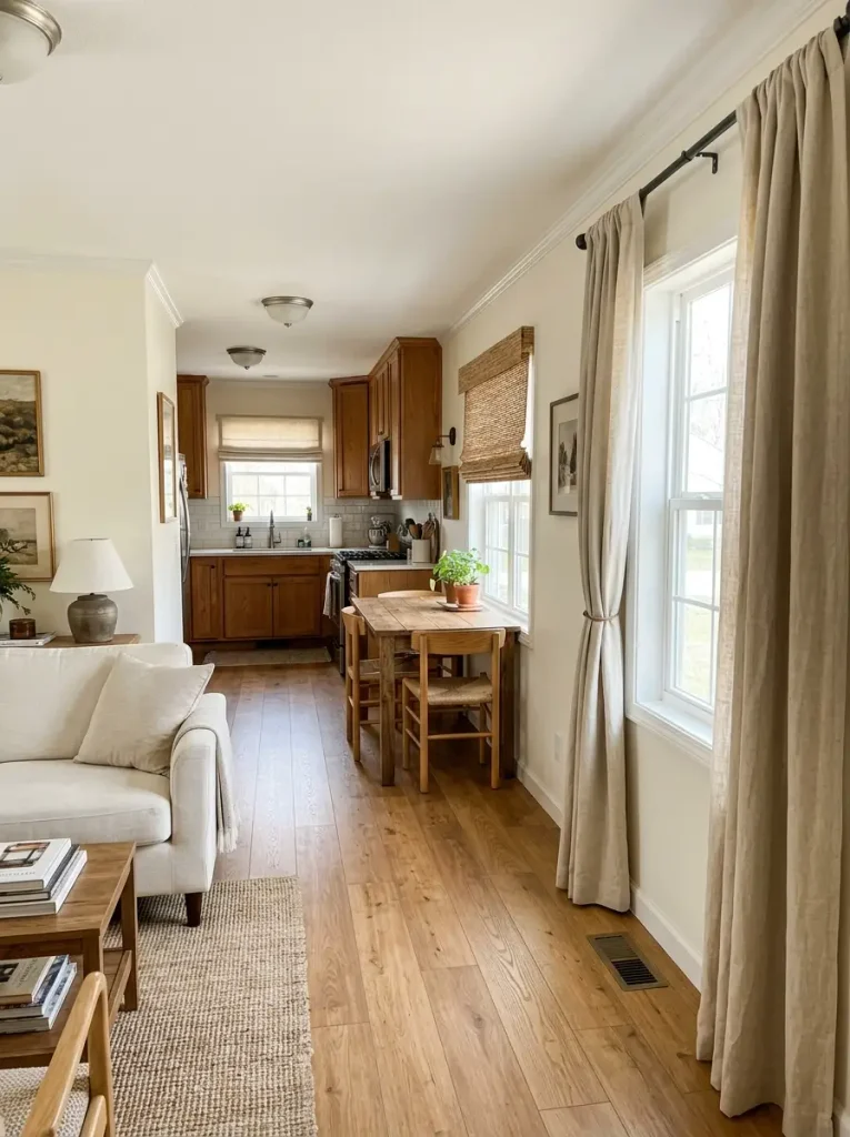 Living, dining, and kitchen windows using different but coordinated treatments in one single wide open plan.