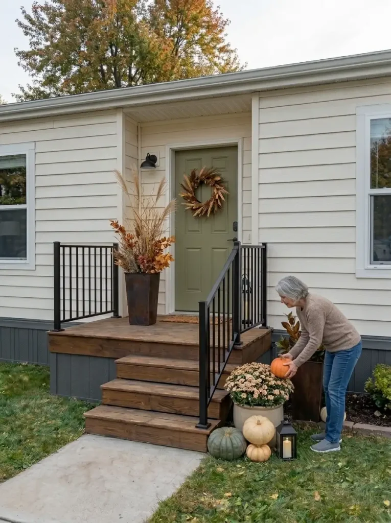 Homeowner repositioning a lantern beside fall porch decor to keep mobile home steps, handrail, landing, and front door clear for everyday use.