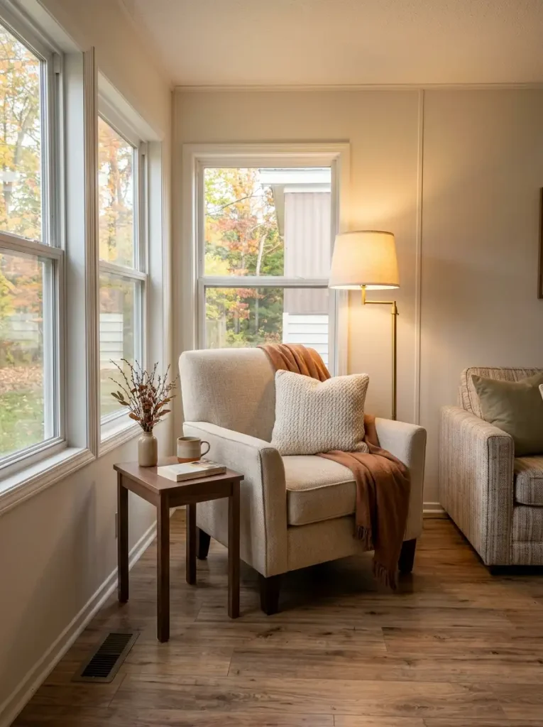 Cozy mobile home reading corner with an upholstered chair, rust throw, cream pillow, side table, and warm lamp.
