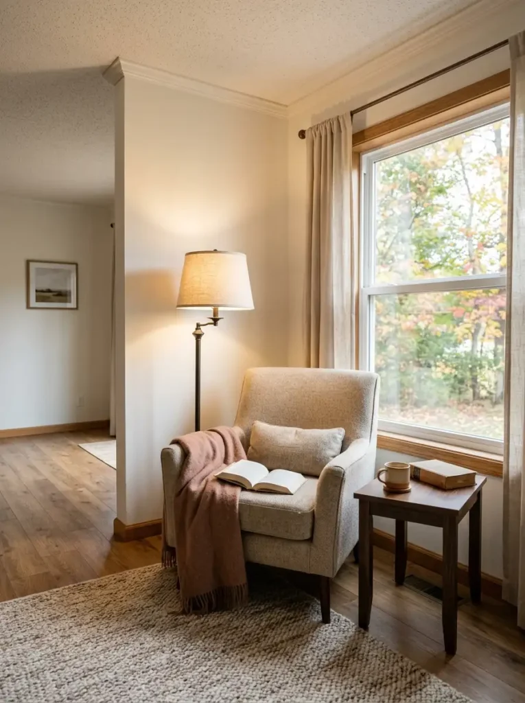 Cozy fall reading corner in a double wide with an oatmeal armchair, side table, floor lamp, rust cushion, and clear walkway.