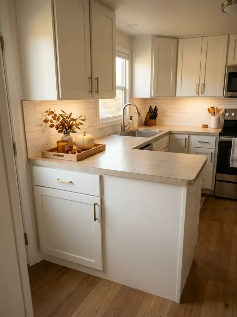 Small mobile home kitchen with a raised fall countertop tray featuring a cream pumpkin, amber glass, and autumn branches.
