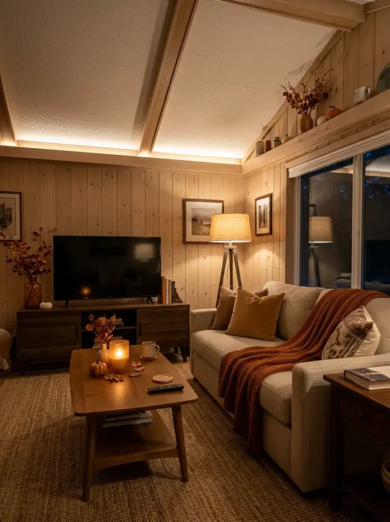 Cozy fall living room at night with layered ceiling light, table lamp, low candle glow, beige sofa, rust textiles, and warm wood furniture.