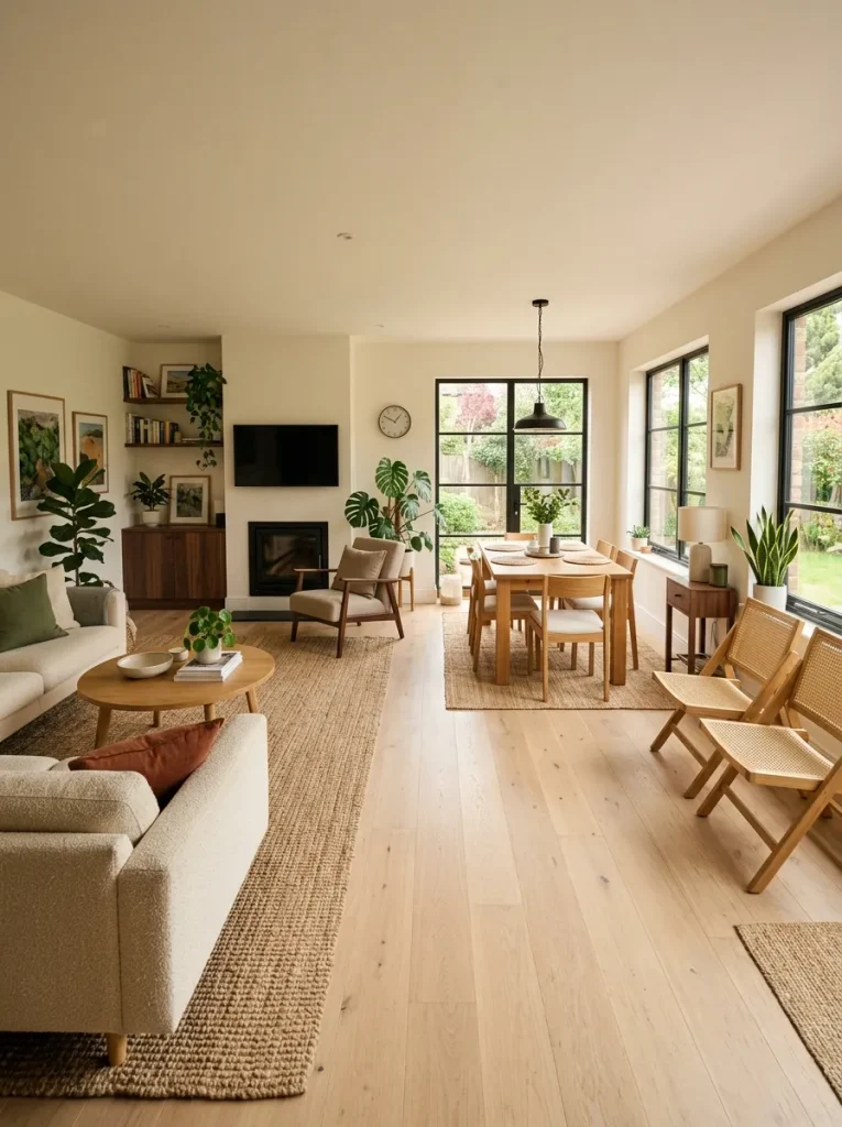 Double-wide living and dining area with everyday circulation kept open and extra guest seating positioned around the perimeter.