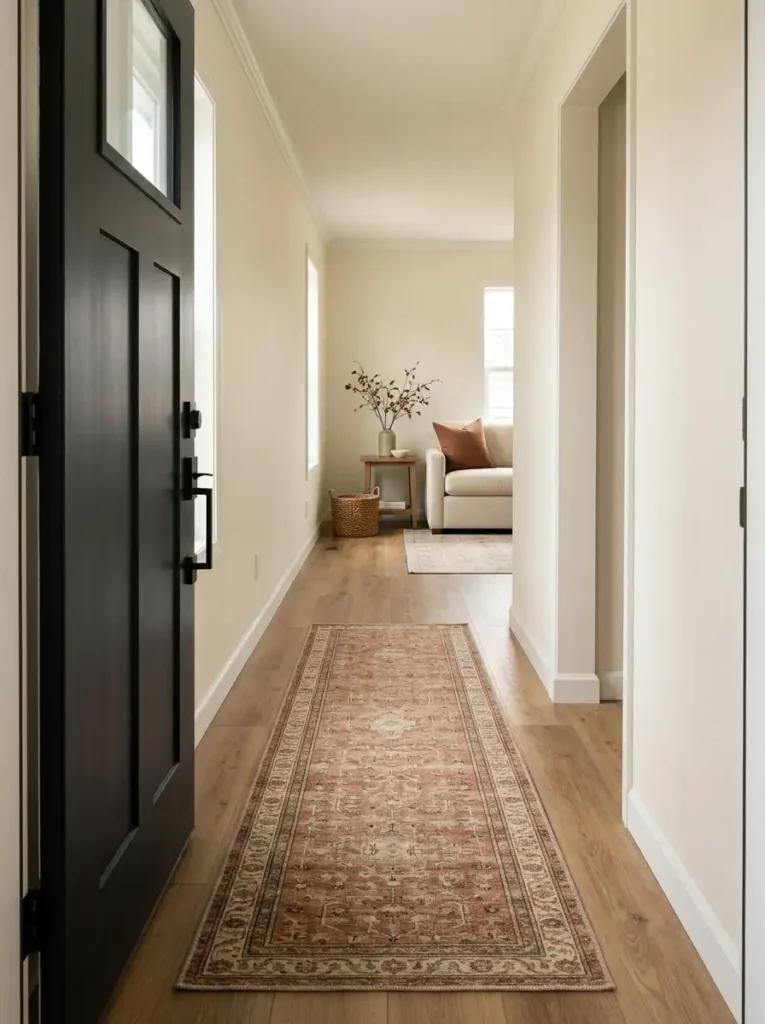 Narrow single wide mobile home entry with a rust plaid runner, visible wood flooring, cream walls, and an open path into the living room.