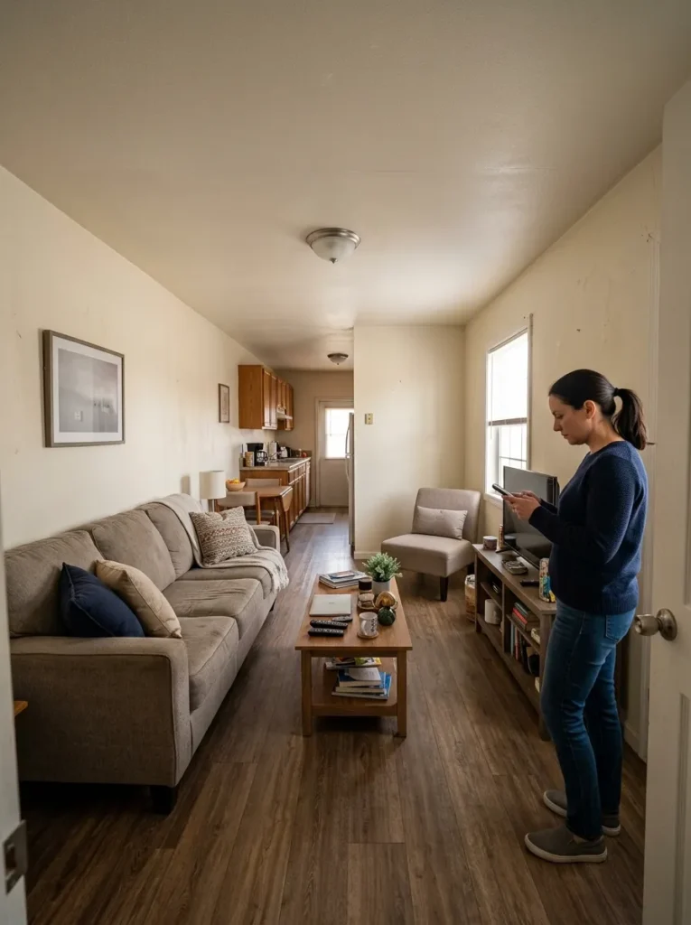 Start the makeover by viewing the entire living room from the doorway and identifying problems with layout, lighting, texture, color, and clutter.