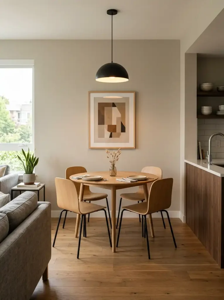 Compact single wide dining area composed around a table, pendant, and scaled wall art.