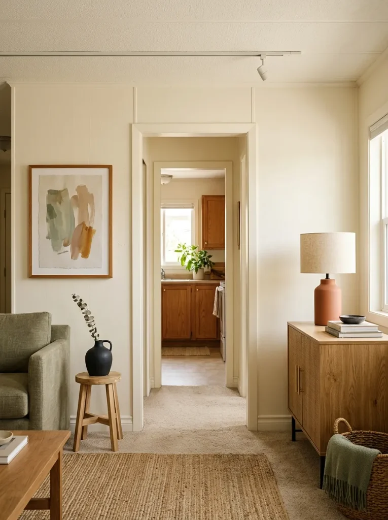Doorway dividing two coordinated but unequal decorated wall sections in a single-wide living room.