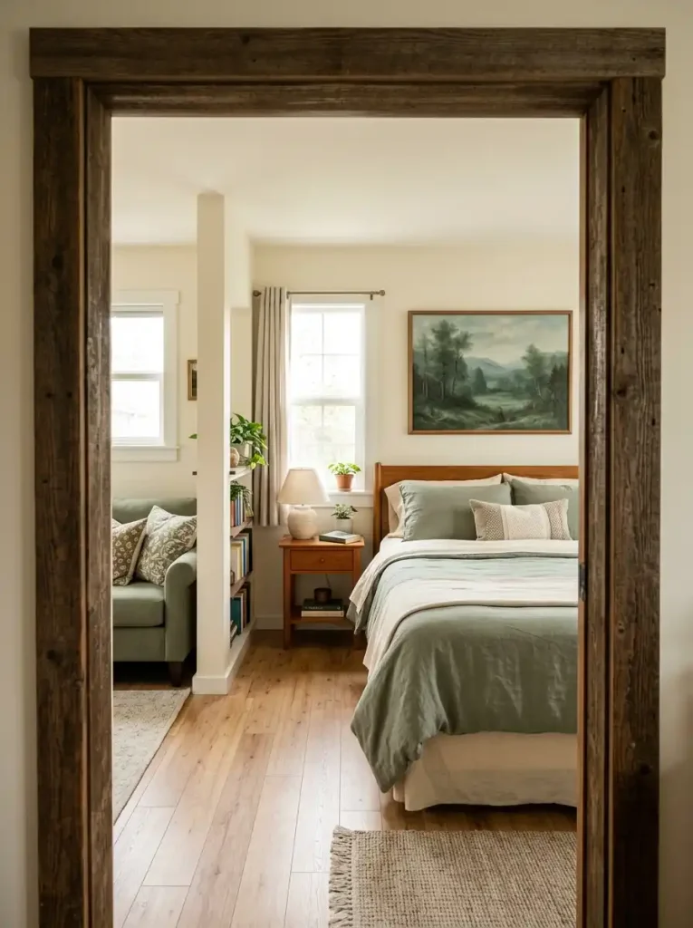 Edited view from a doorway into a compact single-wide room with a clear first sightline.