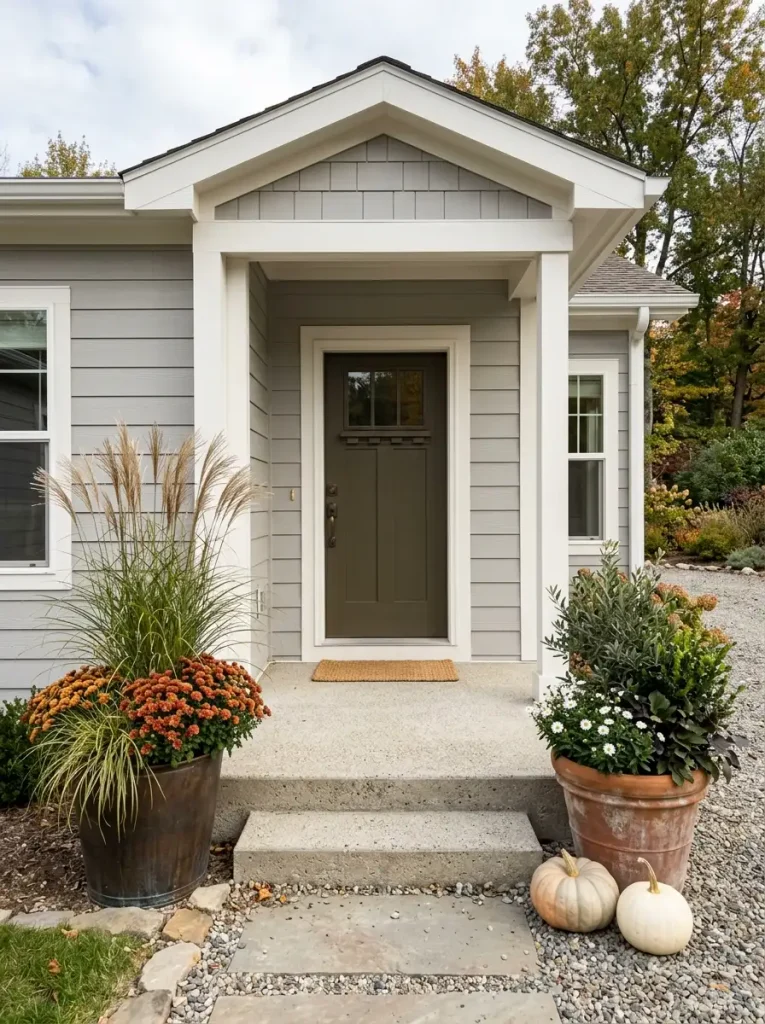 Double-wide mobile home entrance with balanced fall planters, ornamental grass, mums, foliage, and pale pumpkins.