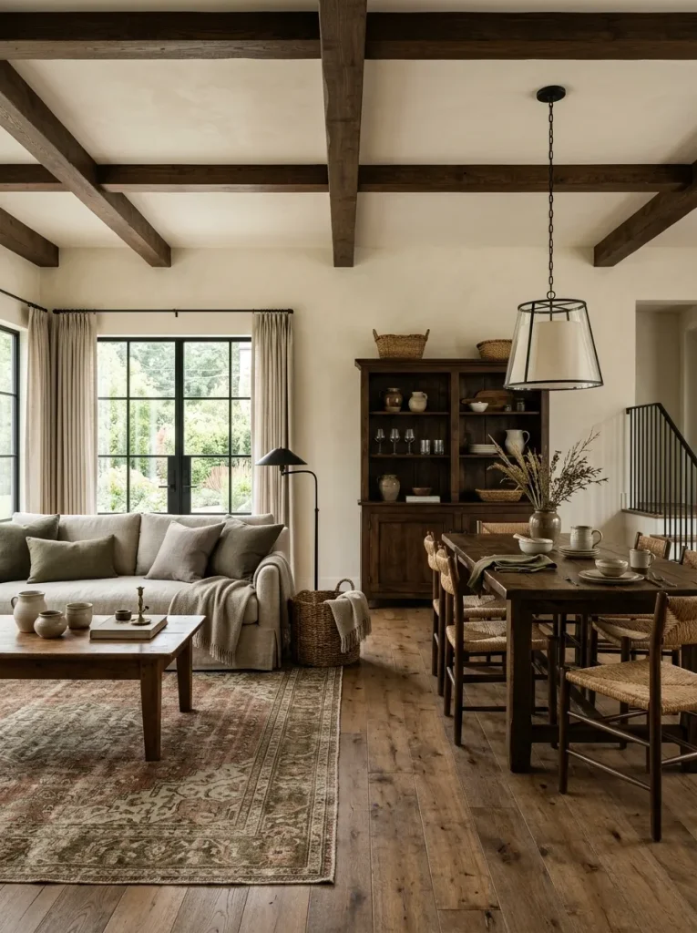 Collected double-wide farmhouse interior using warm wood, woven texture, natural textiles, and restrained dark metal without heavy themed signs.