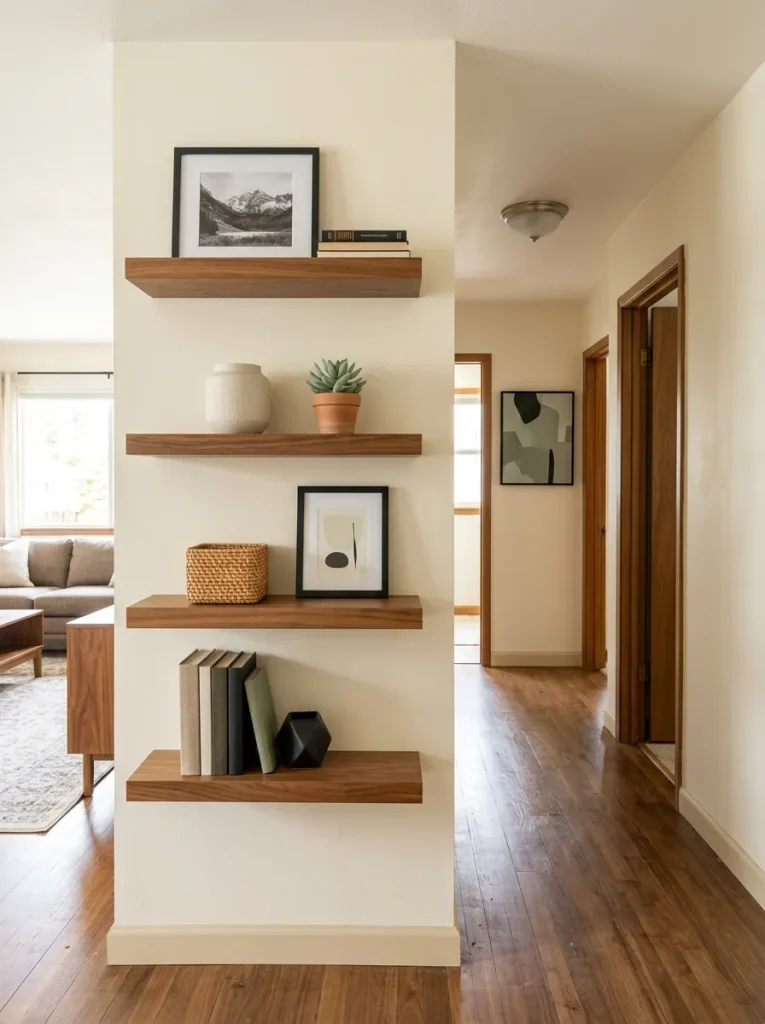 Edited floating shelves in a single-wide hallway with books, photos, baskets, and visible negative space.