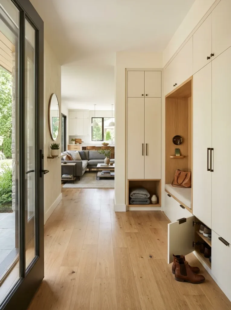 Modern double wide entry with shallow built-in storage keeping shoes, bags, coats, and keys off the main circulation path.