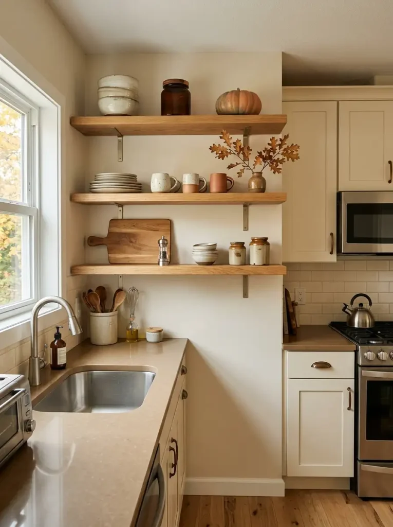 Mobile home kitchen open shelves styled with cream dishes, amber glass, brown pottery, wood accents, and minimal fall decor.