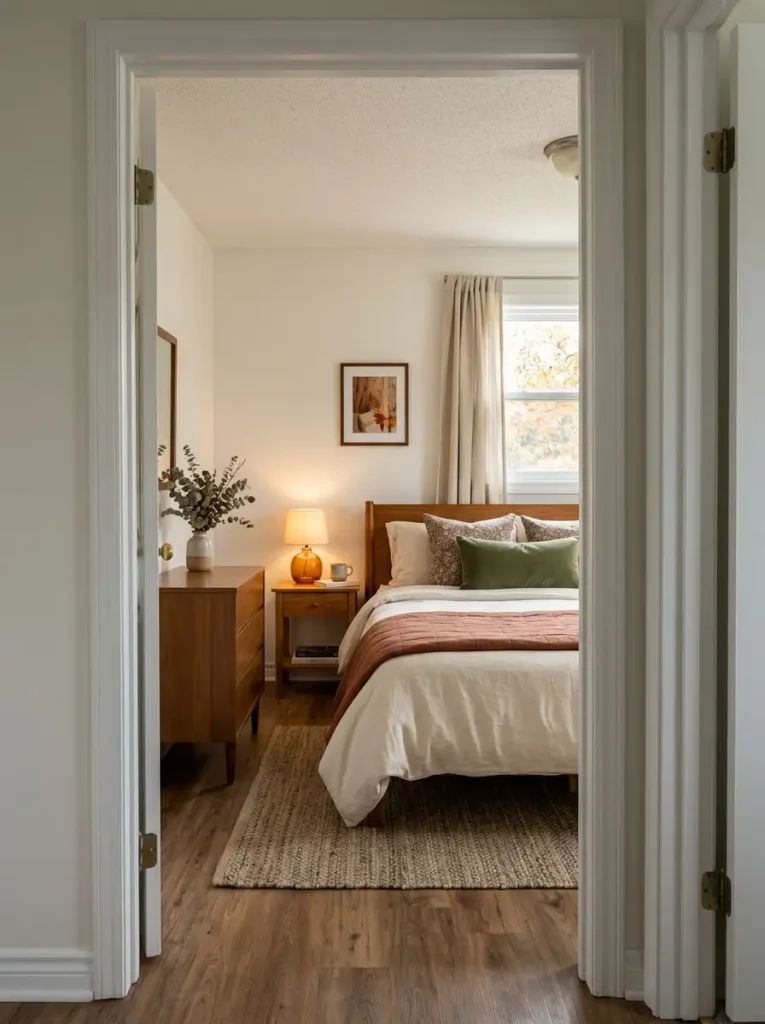 Mobile home bedroom viewed from the doorway with clear sightline, uncluttered floor, and cozy fall decor.