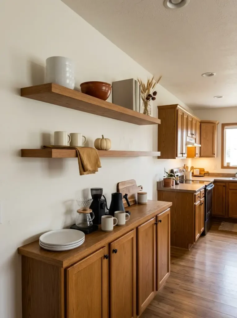 Double wide kitchen shelves styled for fall with open spacing, warm wood, rust pottery, white dishes, and minimal seasonal decor.