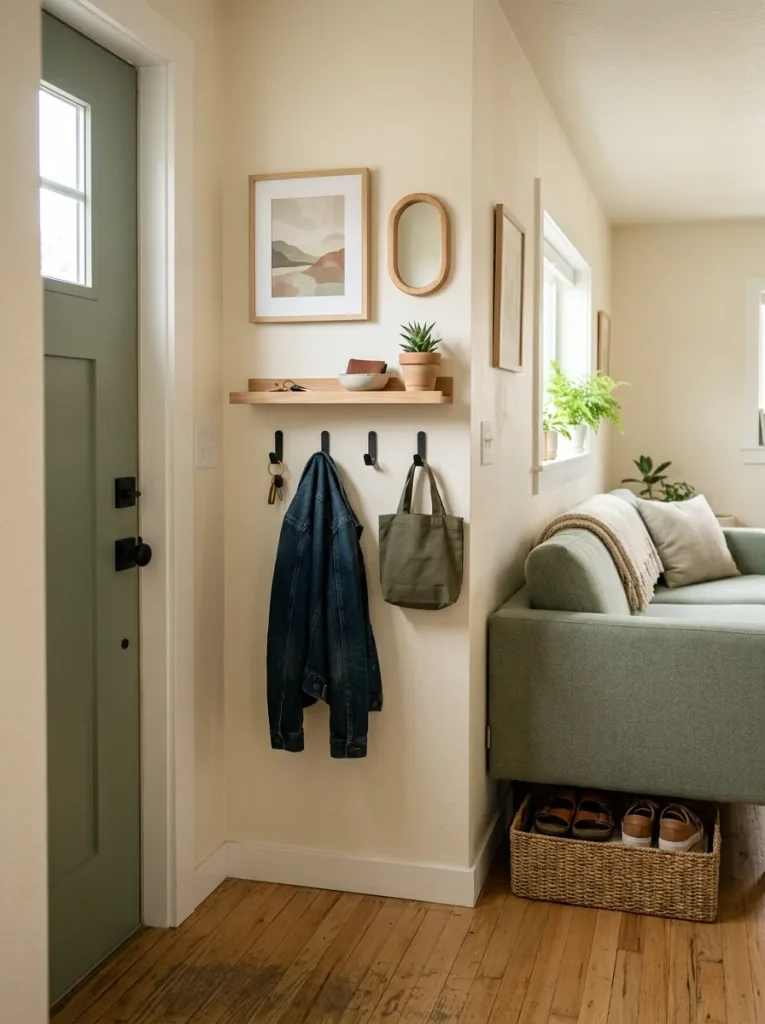 Compact single-wide entry using wall hooks and a shallow ledge instead of a console table.