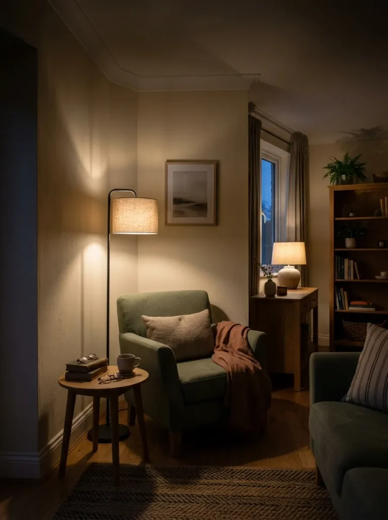 Warm floor lamp lighting a dark corner of a narrow single-wide living room in the evening.