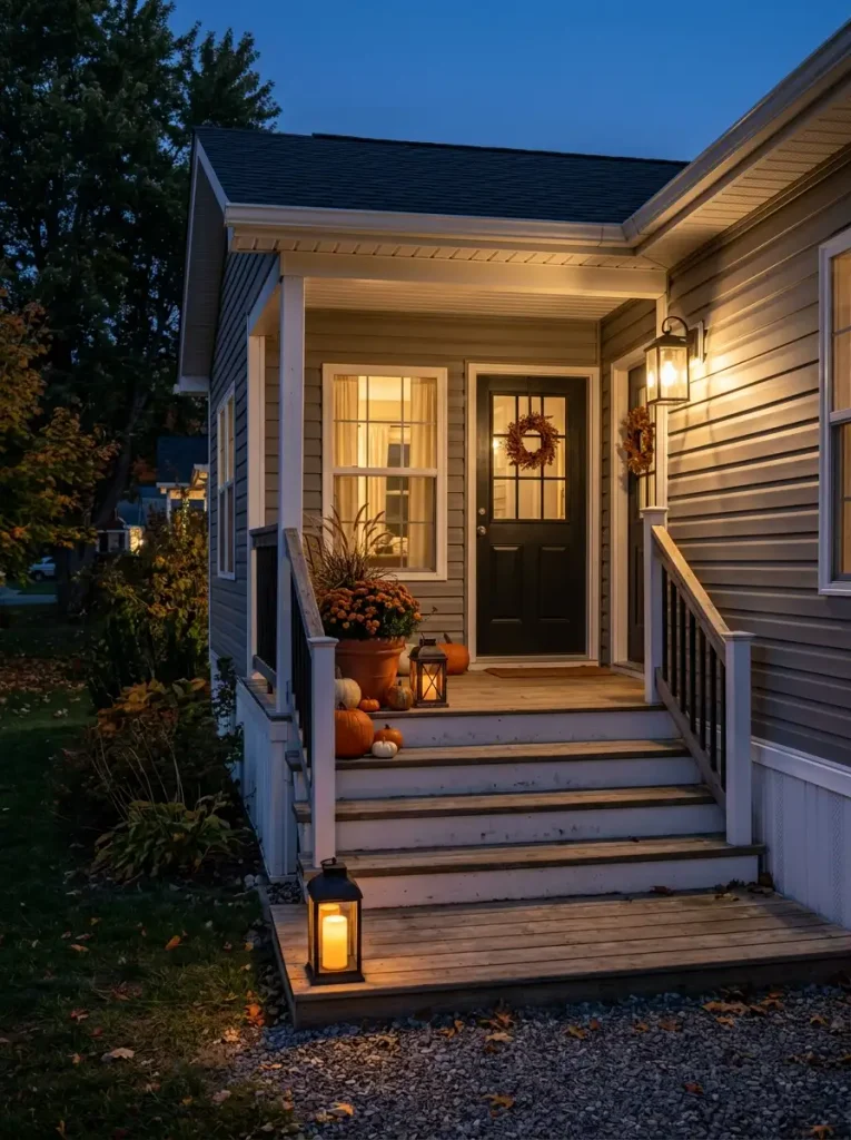 Mobile home fall porch at blue hour with warm LED lanterns, pumpkins, planter, and illuminated front door.