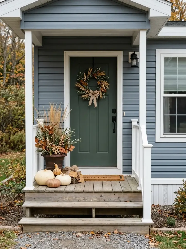Blue-gray mobile home exterior with forest-green door, cream pumpkins, copper accents, grasses, and olive foliage.