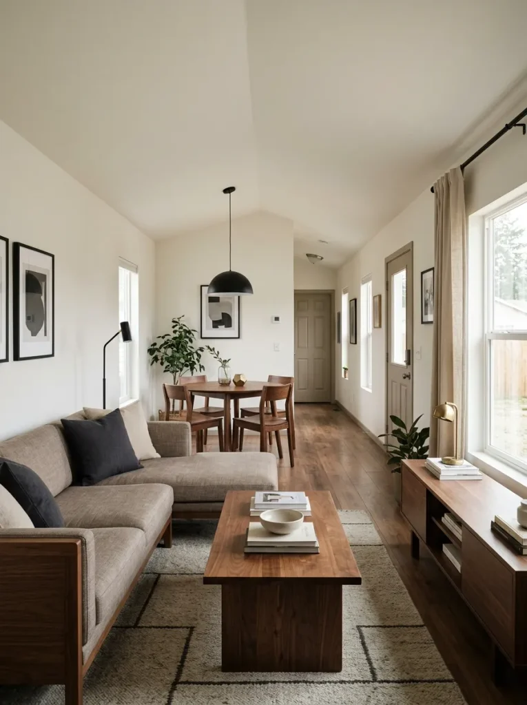Single-wide living and dining space using walnut as the dominant finish, black as support, and brass as a small accent.