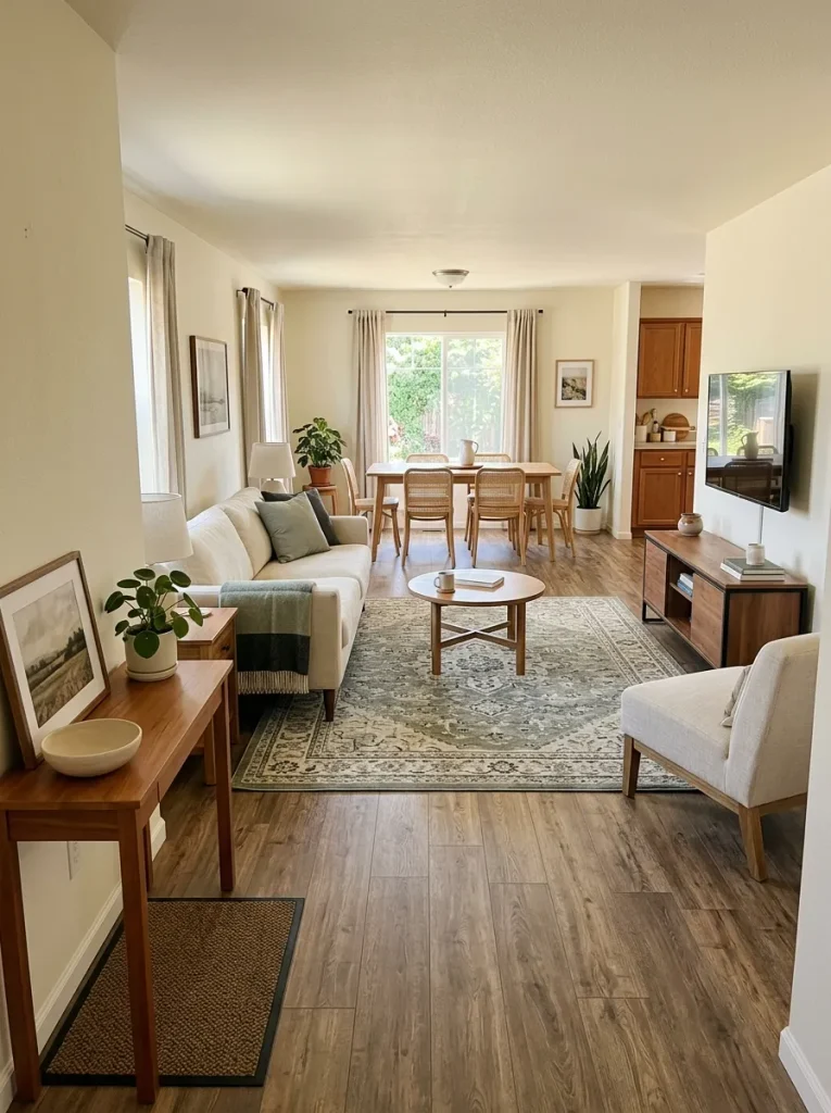 Edited double-wide interior with clear sightlines, open circulation, restrained decor, repeated finishes, and intentionally uncluttered surfaces.