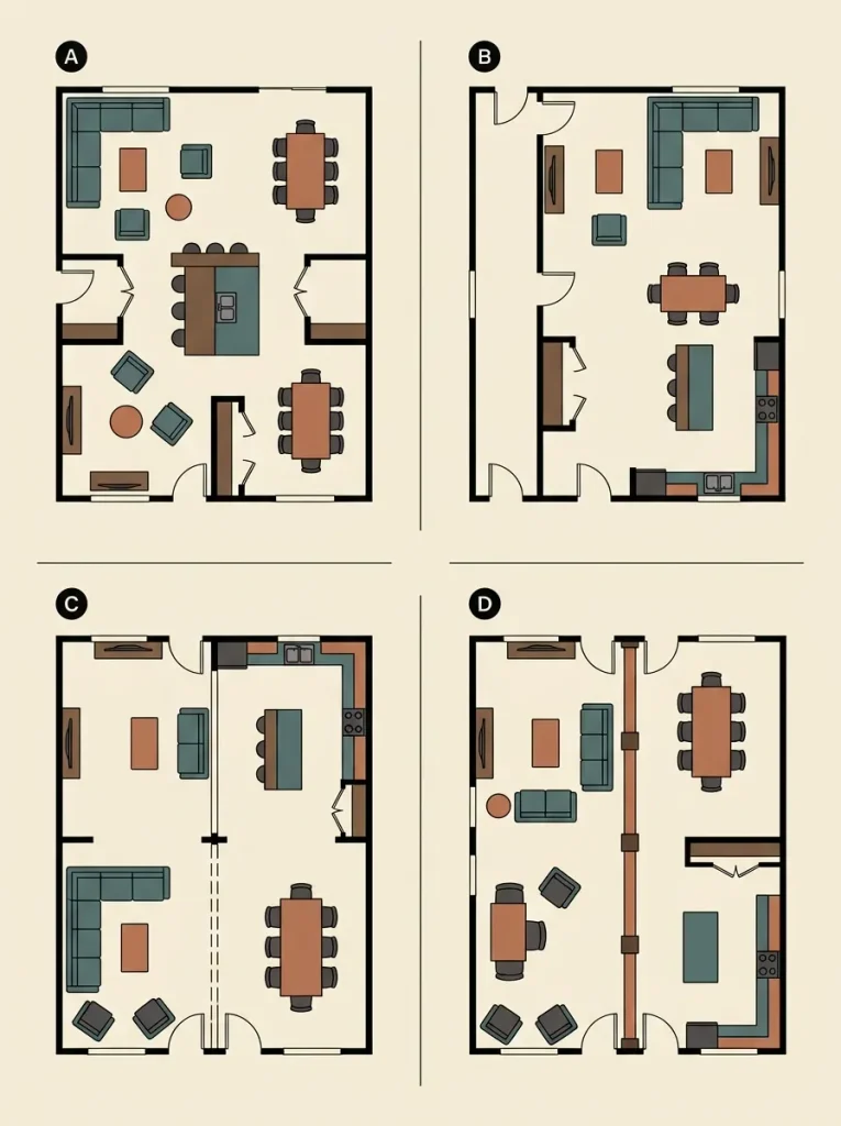 Four conceptual double-wide open-concept layouts showing center-hub, offset-spine, side-by-side-bay, and seam-led configurations.