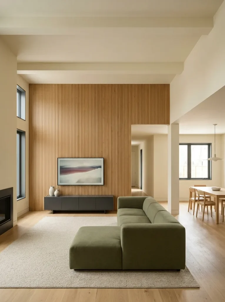 Modern double wide living room with one complete floor-to-ceiling oak architectural feature wall and quieter surrounding surfaces.