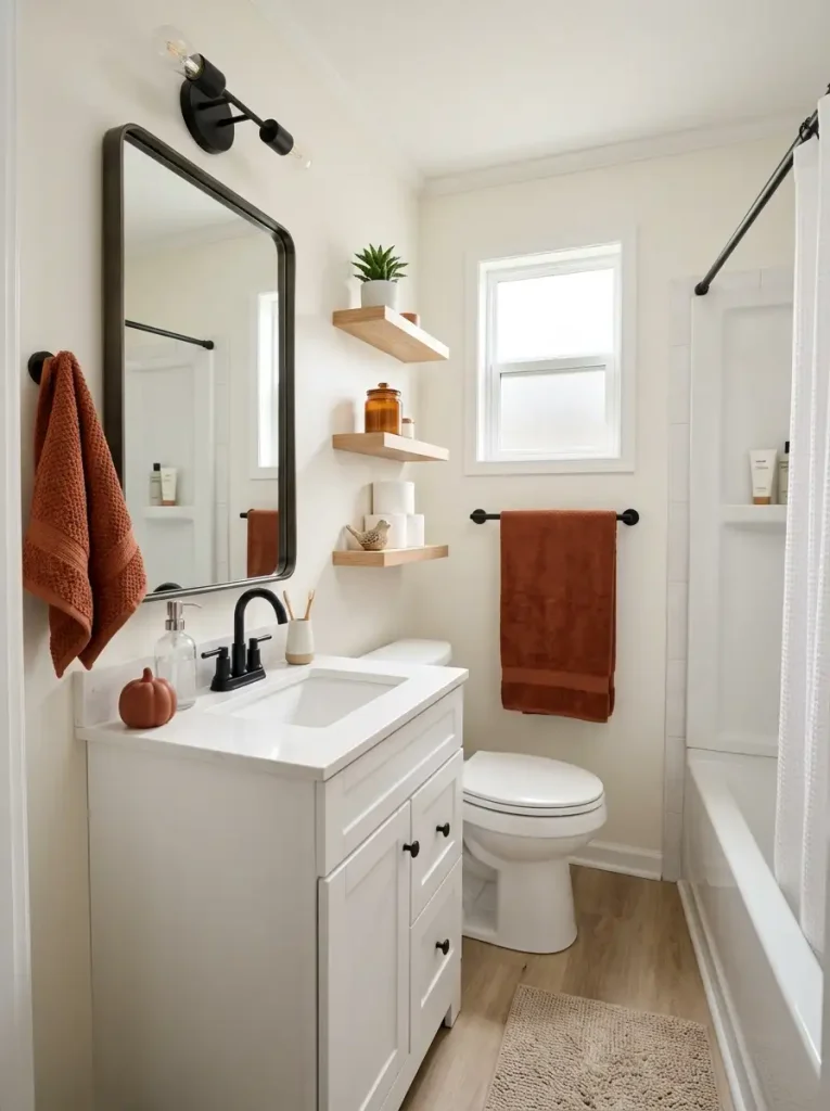 Compact mobile home bathroom decorated for fall with rust towels and a few small ceramic seasonal accents.
