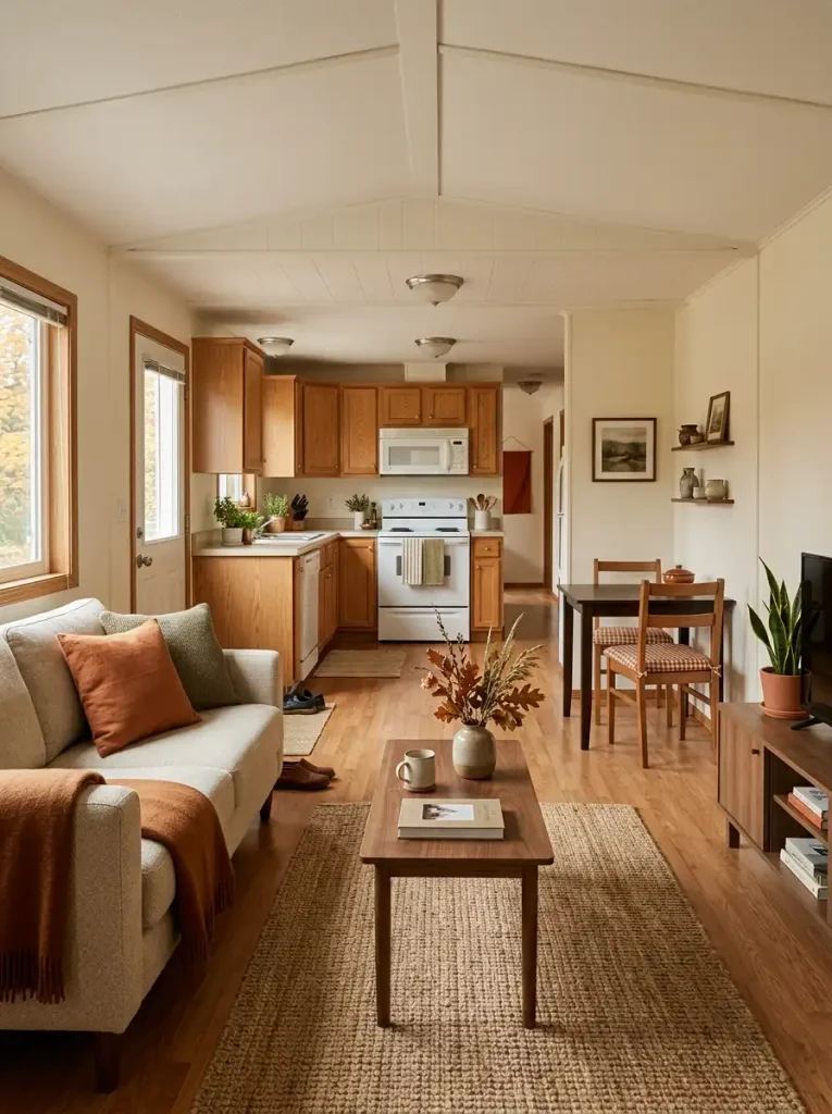 Connected mobile home living room and kitchen decorated with burnt pumpkin, cinnamon, olive, and oatmeal fall colors