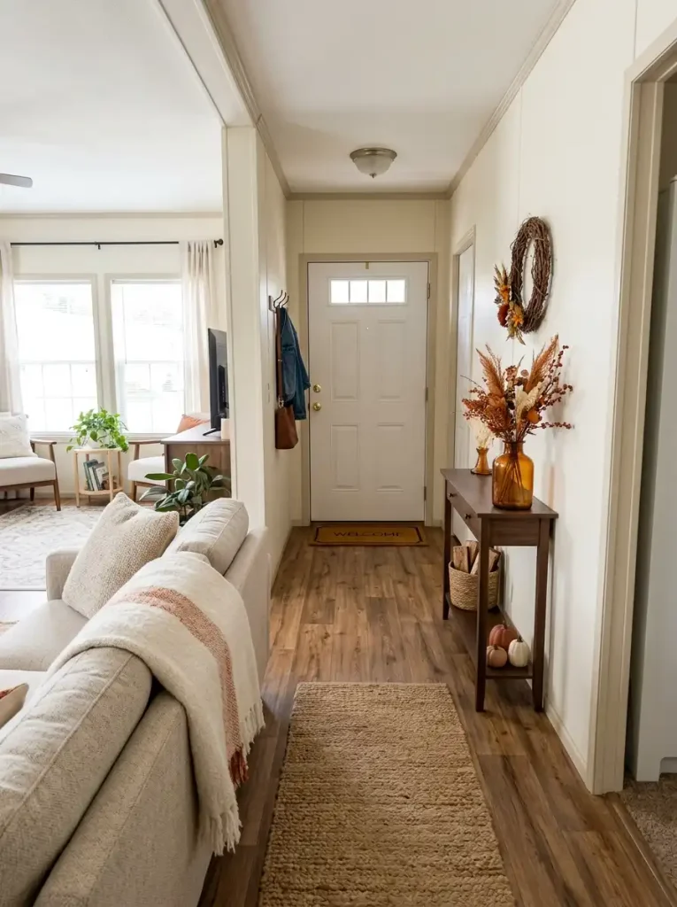 Mobile home entry decorated with a slim fall wreath, amber vase, rust foliage, and an open walking path