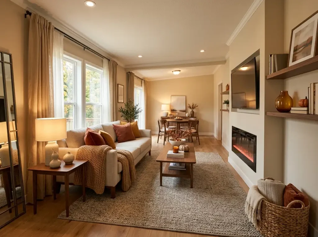 Cozy fall mobile home living room with a beige sofa, rust accents, warm wood furniture, layered lighting, textured textiles, and autumn decor.