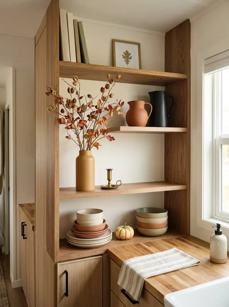 Open wood shelves styled with fall branches, pottery, dishes, and small pumpkins arranged at varied heights.