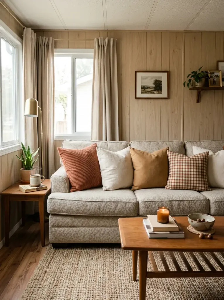 Neutral mobile home sofa styled with rust, ochre, and subtle plaid fall pillow covers.