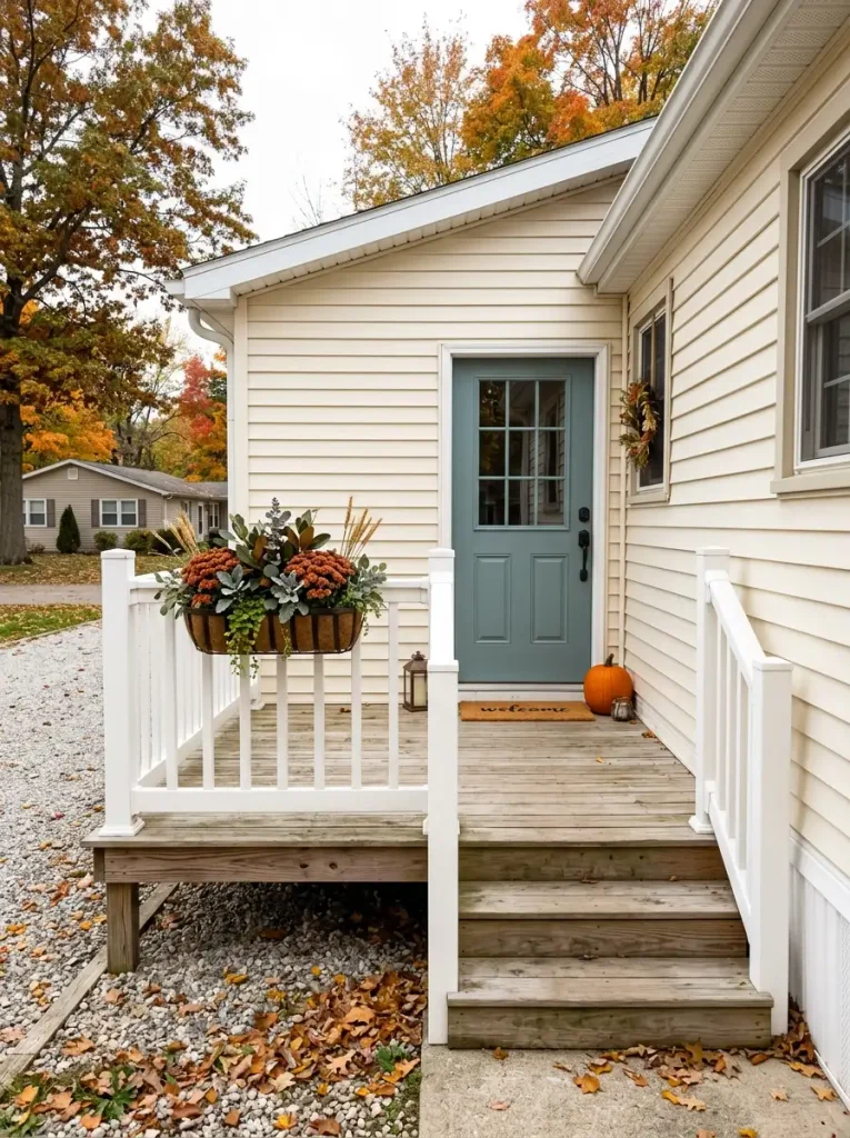 Mobile home porch railing planter filled with rust mums, olive foliage, trailing greenery, and wheat-colored stems.