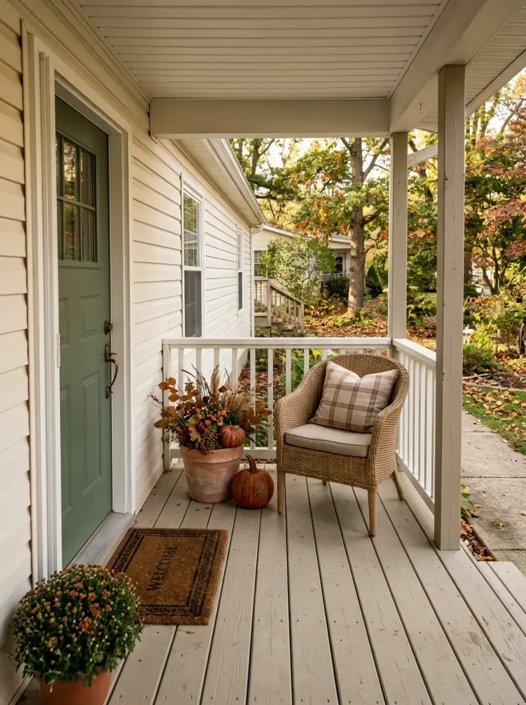 Mobile home porch seating nook with one outdoor chair, plaid cushion, terracotta planter, and small fall pumpkin.