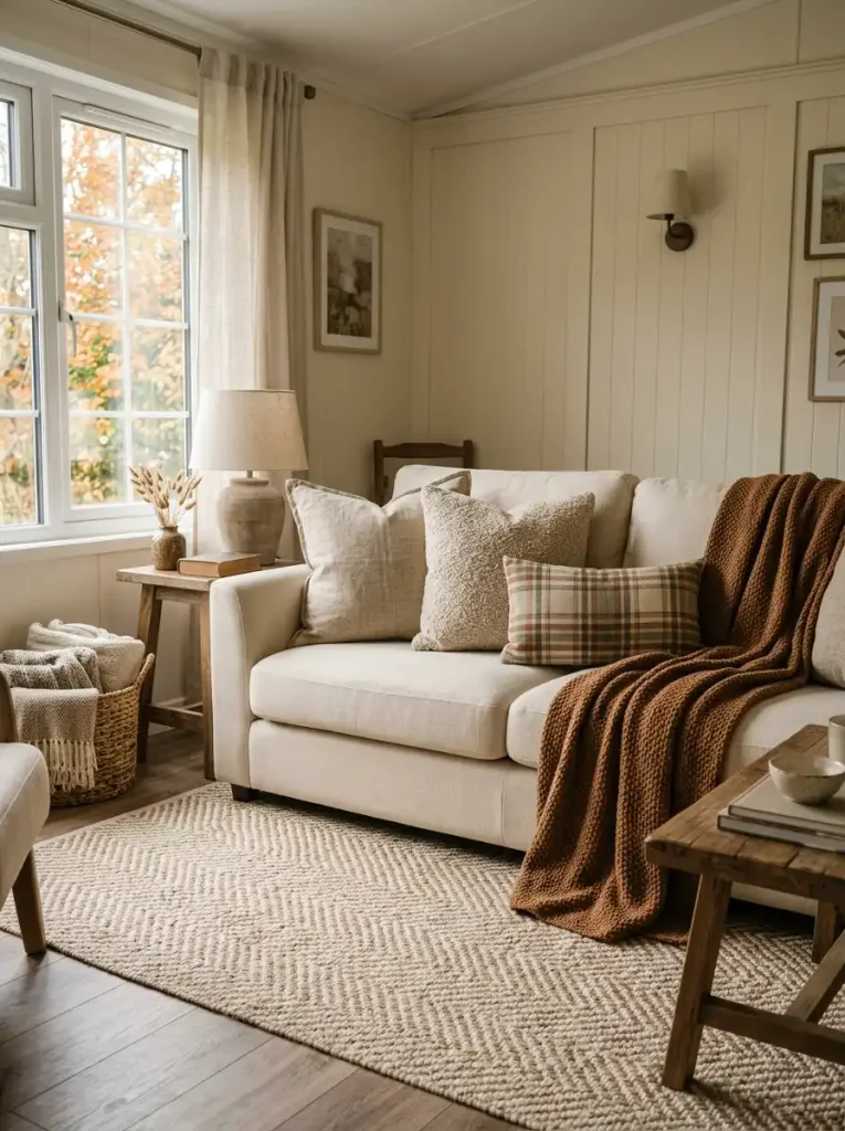 Neutral mobile home sofa layered with oatmeal boucle pillows, subtle plaid, and a cinnamon fall throw