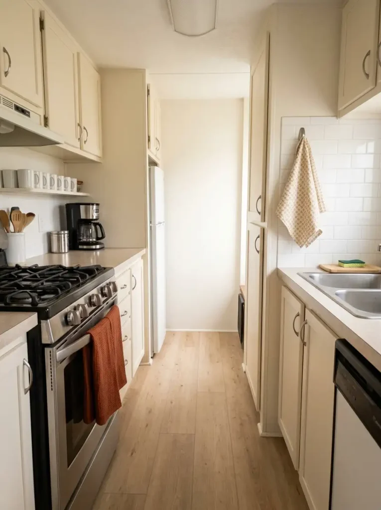 Compact mobile home kitchen with burnt rust and cream fall tea towels on the oven and nearby hook.