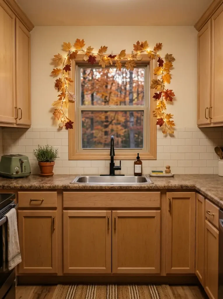Mobile home kitchen window framed with sparse autumn leaves and warm mini lights above a clear sink counter.