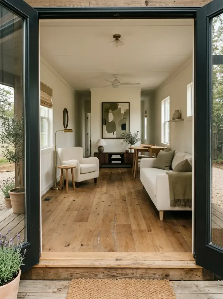 Single-wide entry view leading toward one clear focal point at the far end.