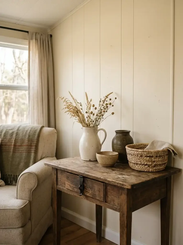 Collected vintage farmhouse pieces in a fall mobile home
