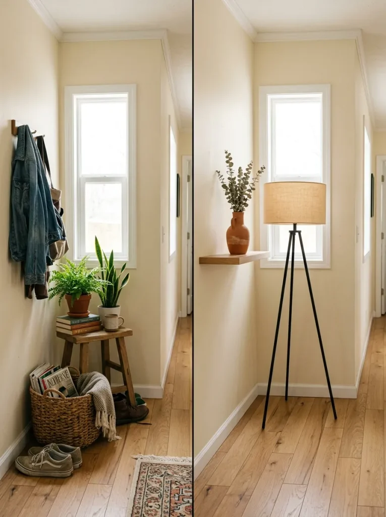 Before-and-after single-wide corner showing cluttered décor versus a simpler intentional solution.