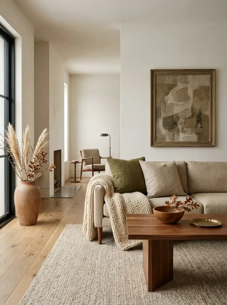 Modern single wide living room styled with a few large tactile objects and layered natural textures.