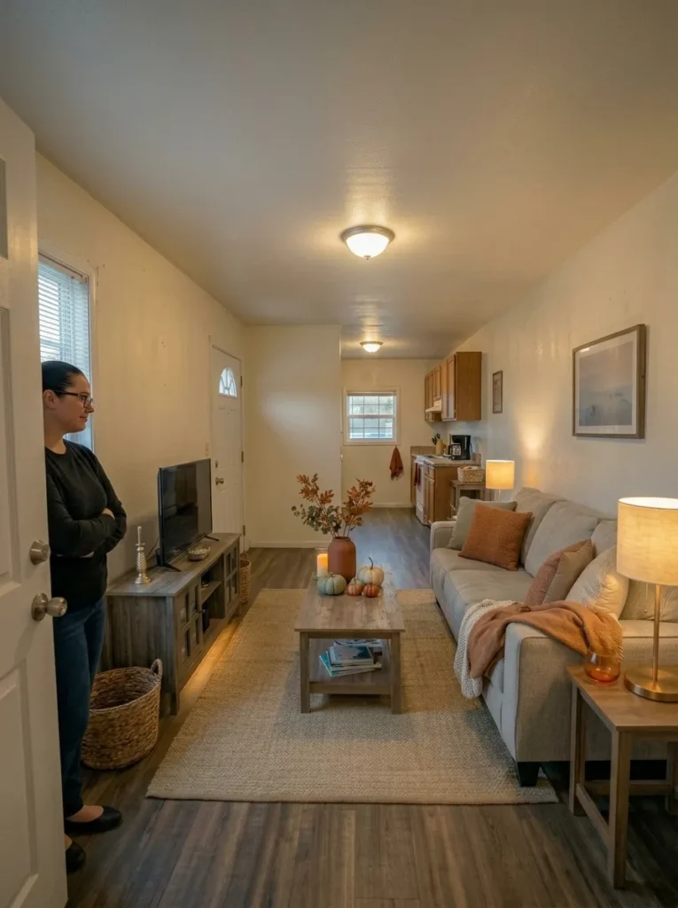 The final doorway check confirms that the room feels warm, seasonal, functional, and uncluttered before the makeover is considered finished.