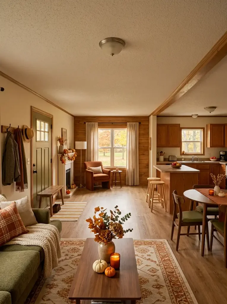 Wide mobile home interior showing connected entry, living, and kitchen areas with coordinated fall decor and open sightlines