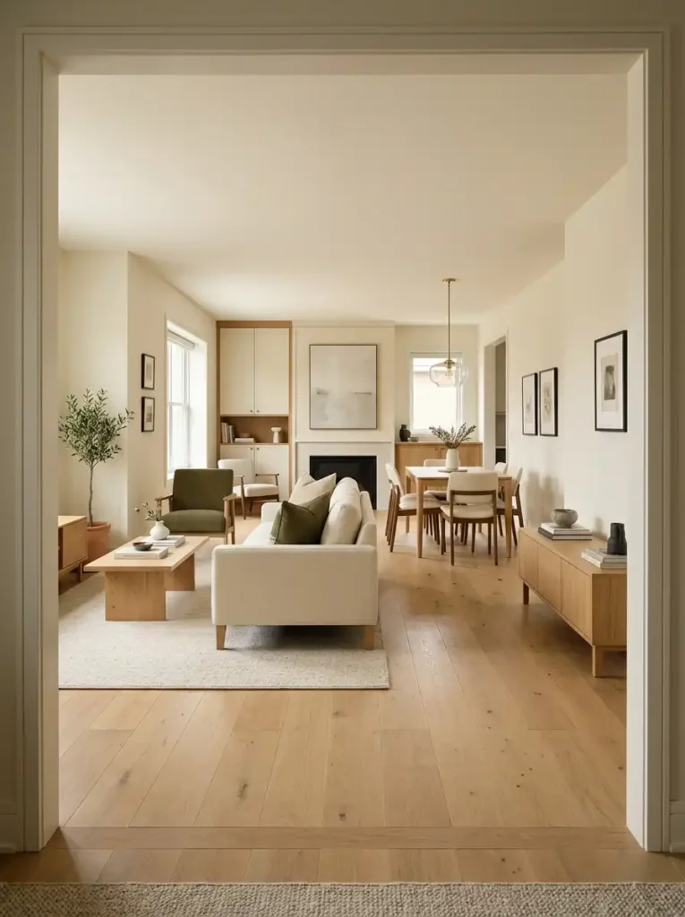 Finished single-wide interior with continuous sightlines, controlled furniture bulk, and one clear focal destination.