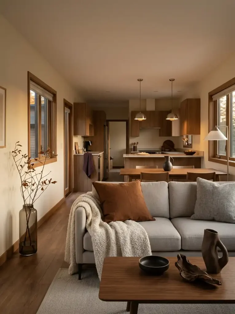 Modern mobile home living, dining, and kitchen areas styled for fall with warm textiles, dark ceramics, autumn branches, and soft evening lighting.