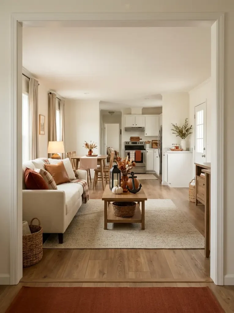 Full single wide mobile home interior with a cozy fall living room focal point, connected dining area, subtle kitchen decor, and open walkways.