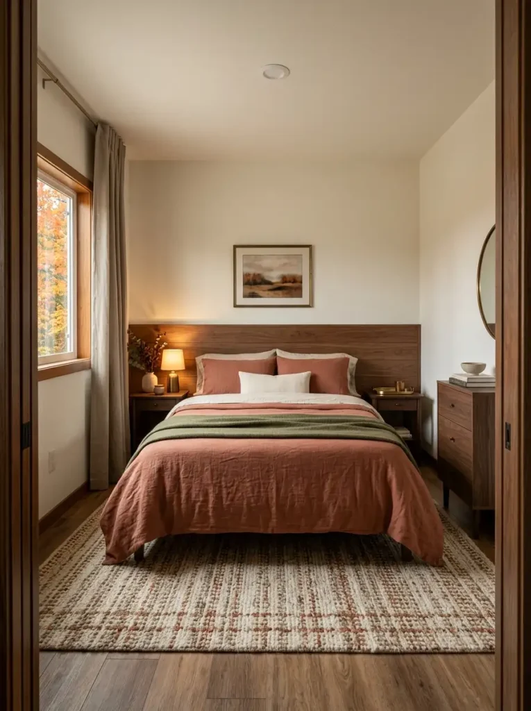Finished fall mobile home bedroom viewed from doorway with rust bedding, warm lighting, rug, curtains, and calm visual hierarchy.