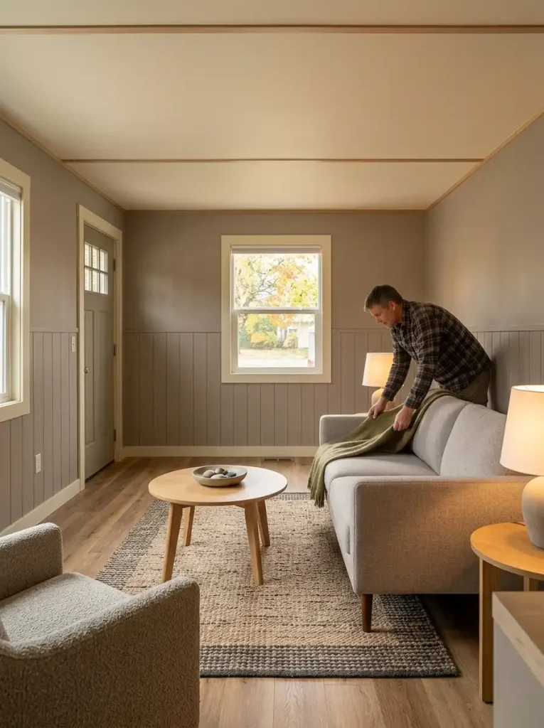 Finished mobile home living room with light walls, warm ceiling treatment, wood accents, and neutral furnishings.
