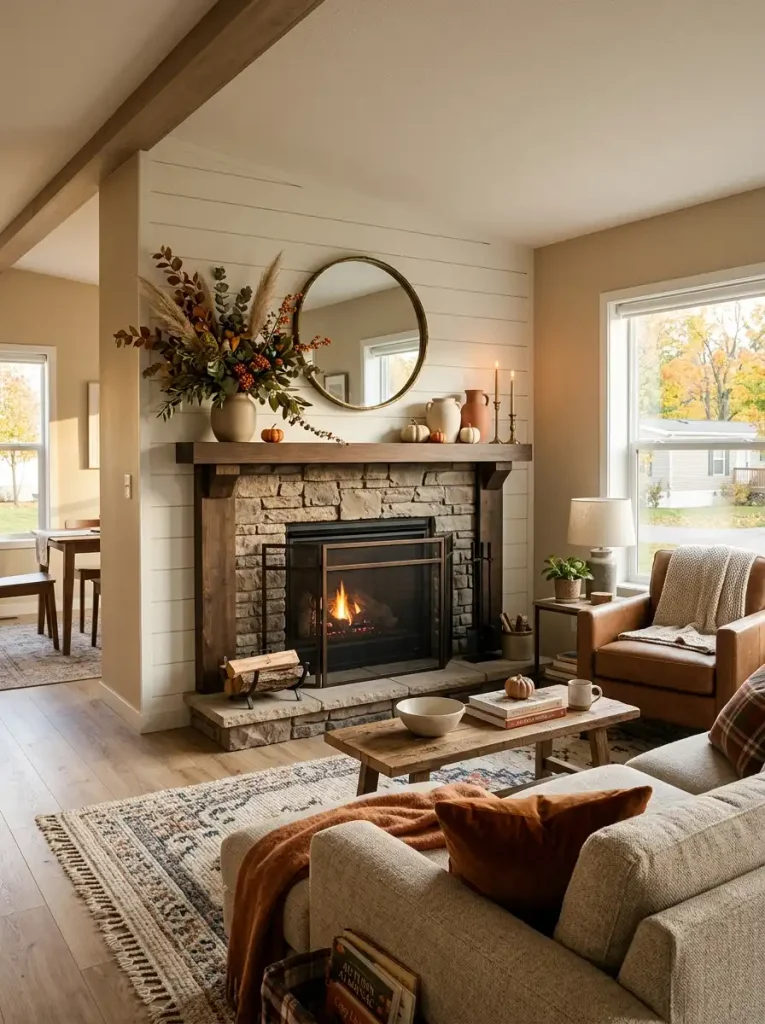 Mobile home living room with a fall-decorated fireplace mantel featuring foliage, pottery, pumpkins, and warm accents